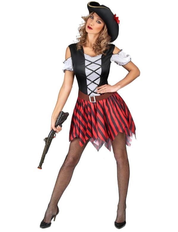 Sexy Piratenkostüm für Damen rot-schwarz-weiss