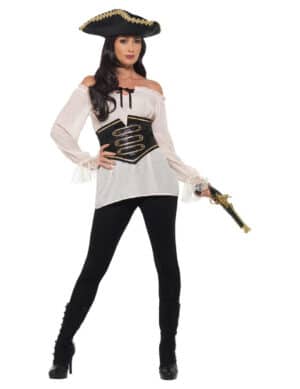 Piratenbluse für Damen mit Gürtel Karnevalskostüm weiss