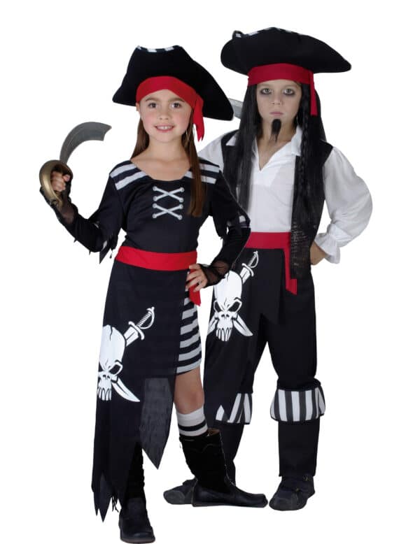 Piratenkapitän-Paarkostüm für Kinder Karneval schwarz-weiss-rot