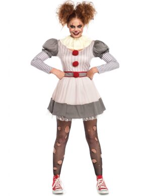 Psycho-Clown-Kostüm für Damen Halloween weiss-grau-rot