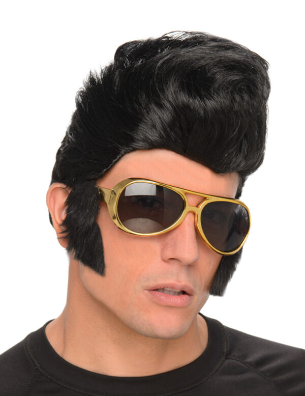 Rock and Roll Perücke Herren schwarz mit Brille gold