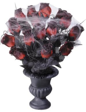 Rote Rosen mit Spinnweben in Vase Halloween-Deko rot-schwarz-grau 35cm