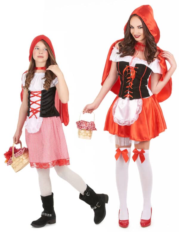 Rotkäppchen-Paarkostüm Mutter und Tochter Fasching rot-weiss-schwarz