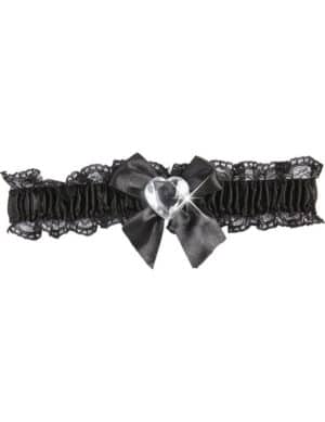 Satin Strumpfband mit Schleife und Herz schwarz-transparent