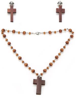 Schmuck-Set Nonne Rosenkranz und Kreuz-Ohrringe braun