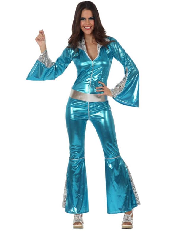 Sexy Disco-Jumpsuit Damenkostüm 70er hellblau-silber