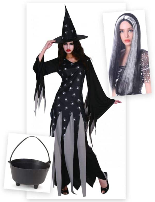 Sexy Zauberin Verkleidungs-Set für Halloween 3-teilig schwarz-grau-weiss