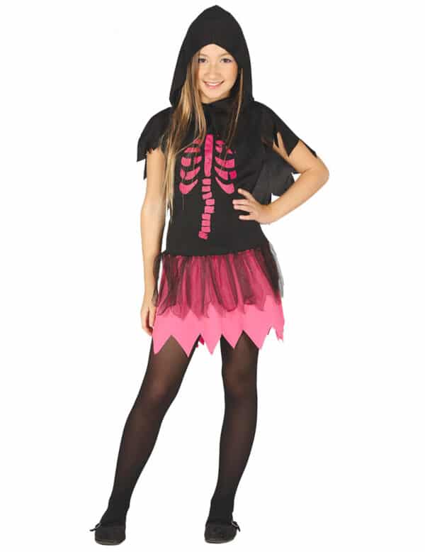 Skelett-Kostüm für Mädchen Halloween-Kostüm schwarz-pink