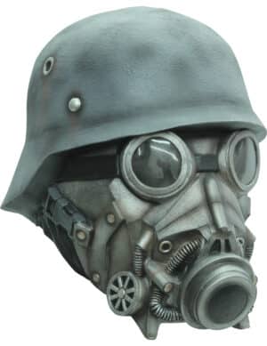 Soldat mit Helm Brille und Gasmaske Vollmaske Kostümaccessoire grautöne