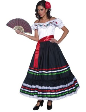 Spanierin Mexikanerin Flamenco-Kleid Damenkostüm weiss-bunt