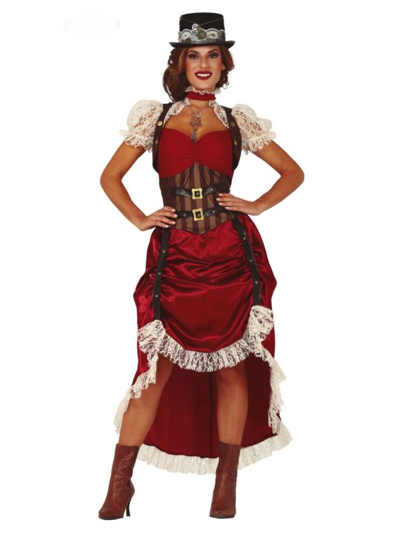 Steampunk-Kostüm für Damen Saloon-Dame Steampunk-Kleid rot-braun-weiss