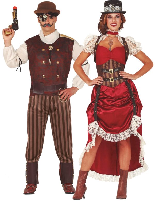 Steampunk-Paarkostüm für Erwachsene Fasching rot-braun