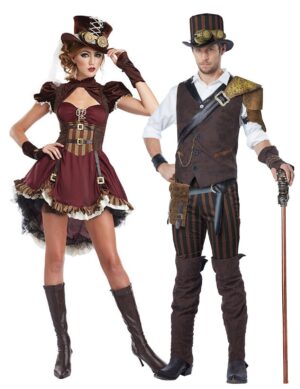 Steampunk-Paarkostüm für Erwachsene Halloween-Kostüm rot-braun