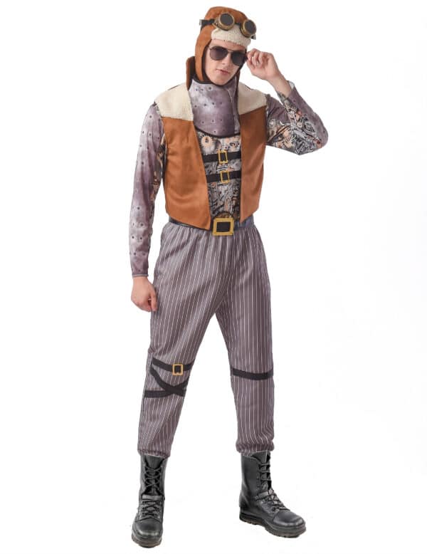 Steampunk-Pilot-Kostüm für Herren Faschingskostüm grau-braun