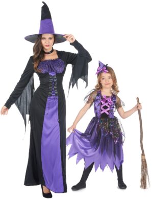 Süßes Hexen-Paarkostüm für Mutter und Kind Halloween schwarz-violett