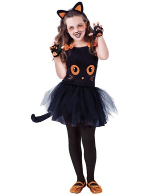 Süsses Katzen-Kostüm für Mädchen Halloweenkostüm schwarz-orange