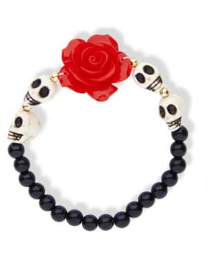 Tag der Toten Armband Rose und Totenköpfe schwarz-weiss-rot