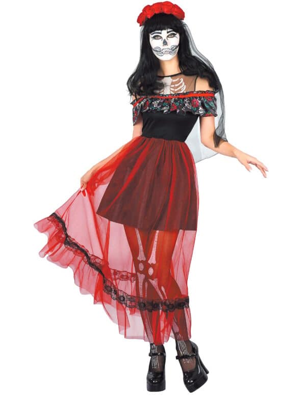 Tag der Toten Kleid Halloween-Kostüm für Damen rot-schwarz