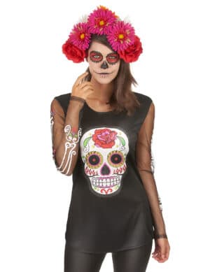 Tag der Toten Longsleeve-Shirt Sugar Skull schwarz-bunt