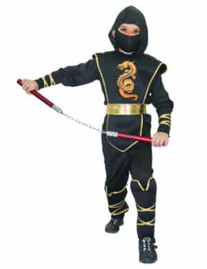 Tapferer Ninjakrieger Ninja-Kinderkostüm mit Drachenmotiv schwarz-gold