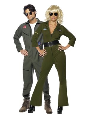 Top Gun Piloten-Kostüm für ein Paar in Grün und Grau