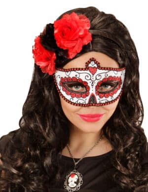 Verzierte Tag-der-Toten-Maske mit Glitzereffekt weiss-rot-schwarz