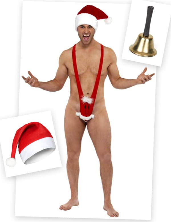 Weihnachtliches Mankini-Set Santa 3-teilig rot-weiss