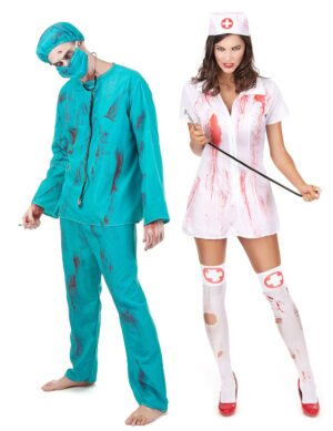 Zombie-Chirurg und Zombie-Krankenschwester Paarkostüm Halloween weiss-blau