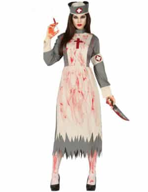 Zombie-Krankenschwesterkostüm Retro Halloween-Kostüm weiss-grau-rot